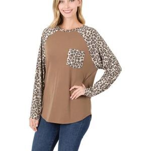 Zenana Leopard Raglan Sleeve Patch Pocket Top - Mocha